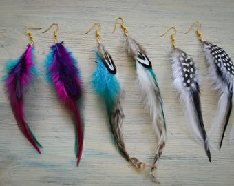 Feather earrings / Long feather earrings / Brown blue feather earrings / White black feather earrings / Drop Earrings Festival accessories