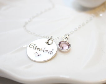sterling silver name necklace, sterling birthstone name necklace, name birthstone necklace, hand stamped name necklace, stamped name jewelry