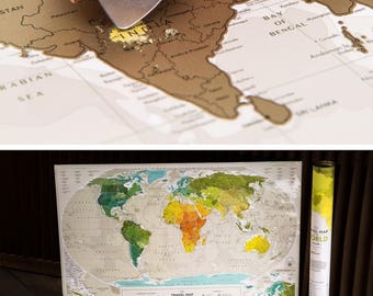 World Map Scratch Off Travel Map with Push Pins 34.6” x 23.6”