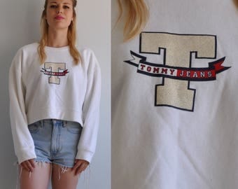 90s Tommy Hilfiger Crop Top T Logo Oversized Sweatshirt // Medium // Tommy Jeans USA Made // 1990s Spice Girls Polo Supreme