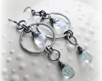 Aquamarine Earrings, Moss Aquamarine Dangle Earrings in Silver, Long Moonstone & Moss Aquamarine Earrings Gift for Her Handmade by Blissaria