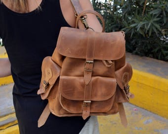 Distressed Leather Backpack, Waxed Brown Leather Backpack, Rustic Light Brown Large Backpack, Handcrafted in Greece, 5 colors