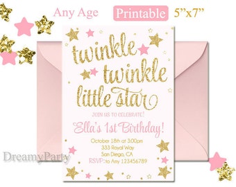 Twinkle Twinkle Little Star First Birthday Invitation, Twinkle Twinkle Little Star Invitation, Pink and Gold invitation, Digital File.