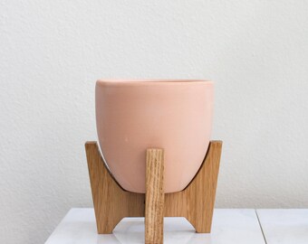 FREE SHIPPING: Tabletop Bell Mid-century Modern Planter, Plant Stand with 5.5" Bell Ceramic - White Oak