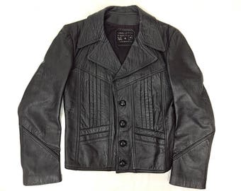 70s Detailed Black Leather Jacket Women / Cropped Leather Peacoat, Goth, Sexy Biker, Punk Jacket / Vintage Women's Leather Jacket Size S M