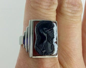 Vintage 10k "Capita Jugata" Double Profile Carved Sardonyx Ring, Sz 9.5