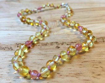 Baby Pink Baltic Amber Teething Necklace - Girly Amber necklace, pink amber necklace, Cherry Quartz, amber baby necklace, soft pink baby