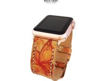 Apple Watch Straps Hand-Stitched Handmade Butterfly Patern, Series 1 Series 2, 42mm or 38mm Apple Watch Leather