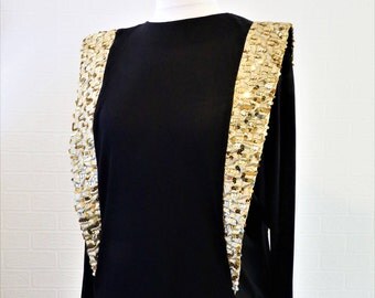 Roots of London Dress/ Black and Gold Midi Dress/ Spaceage Dress/ Gold Sequin Dress / Retro Dress/ Vintage Dress/ Size 14 Dress/ 1980s Dress