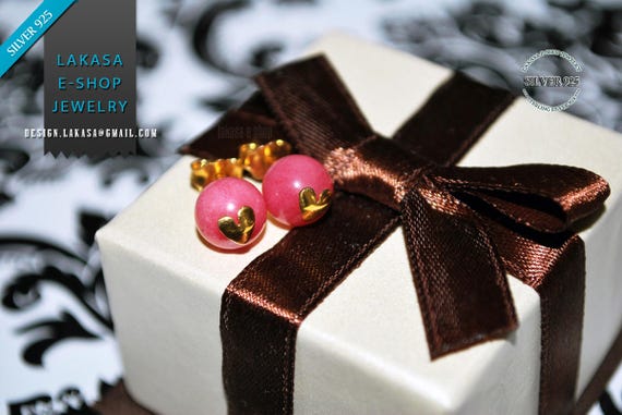 Heart stud earrings cherry quartz beads round sterling silver gold plated jewelry handmade pink candy color lovely natural gemstone gifts