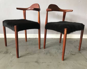 Pair of Danish Modern Teak Bullhorn Chairs with Cowhide Upholstery