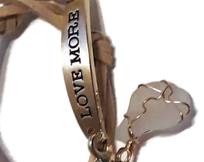 Strappy bracelet - "Love More" Medallion - White beach glass charm with tan leather laces and lobster claw closures