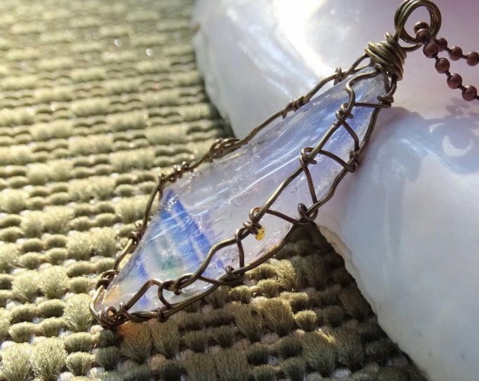 A Large piece of beach glass - Lake Michigan Beach Glass with an image of the beach and Chicago Skyline - Wire wrapped -