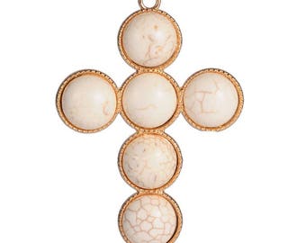 1 pc, 96x68x8mm, Golden Tone Cross Alloy Gemstone Synthetic Turquoise Big Pendants, Blanched Almond