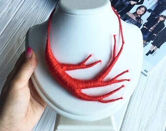 Red necklace, statement necklace, textile jewelry, fashion jewelry, handmade necklace, gift for her, colorful necklace, unique jewelry