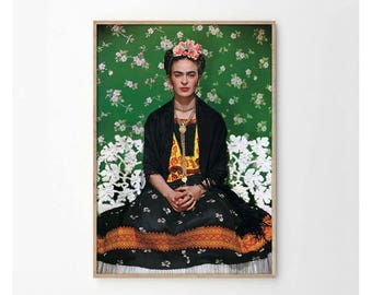 Frida Kahlo and Green Floral Background Art Print