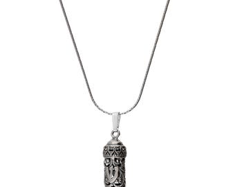 Mezuzah Sterling Silver Necklace; Mezuzah Pendant Sterling 925 Silver Judaica Boho Necklace 19.5 Inch 50 cm Chain; Darkened Silver Mezuzah