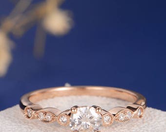 Art Deco Moissanite Engagement Ring Rose Gold Antique Wedding Ring Diamond Half Eternity Solitaire Unique Retro Anniversary Promise Women