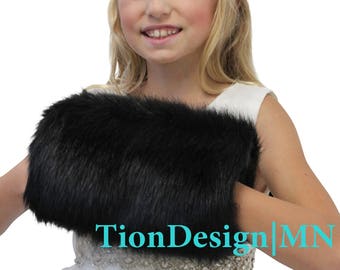 Black Faux Fur Hand Muff For child size, faux fur hand warmer, wedding fur muff, bridal fur muff 270F-BLK-M