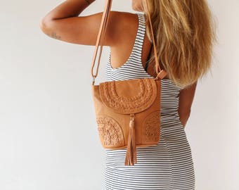 Boho Crossbody Leather Bag, Bohemian Bag, Mandala Handbag, Embroidered Bag, Boho Travel Bag