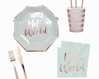 Hello World Baby Shower Party Kit, Party in a BOX,Baby Shower Party Kit, Baby Shower Tableware, Baby Shower Theme,Gender Neutral Baby Shower