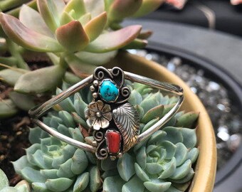 Vintage Sterling Silver Turquoise and Coal Cuff 6.5"