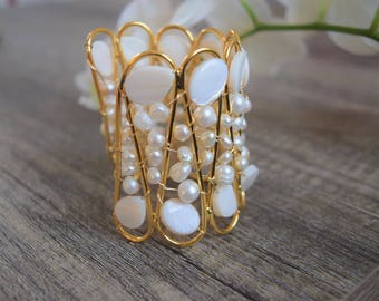 Pearl and Nacre Cuff Bracelet, Bronze Bracelet, White Bracelet, Handmade Bracelet