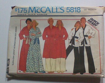 McCall's 5818, 1970s Vintage Mens and Womens Sewing Pattern, Robe, Bathrobe, Jacket and Pants Size Medium, Chest 36 38, Uncut