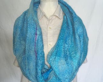 Nuno felted scarf/collar, with silk and merino wool, light blue/ultramarine with purple accents