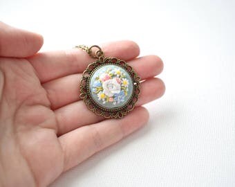 Hand Embroidered Floral Pendant, Vintage Style Necklace, Sage Green, Hand Embroidered Pendant, Textile Jewellery, Shabby Chic