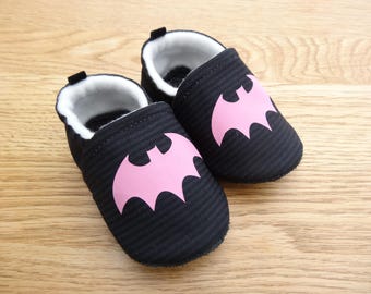 Child - sole leather baby shoes and black cotton top "bald pink mouse"-black booties lined with fleece