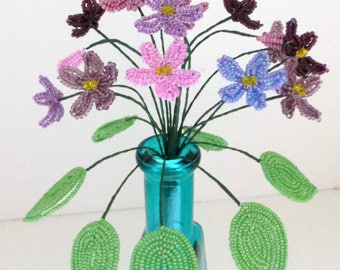 Beaded Flowers Variety of French Beaded Violets and Vase