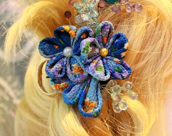 Pince à cheveux d'inspiration japonaise en tissu traditionnel aux tons bleus