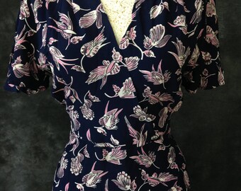 1940's dress navy and pink floral cold rayon med large
