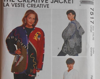 Vintage 90s Misses Creative Lined or Unlined Jacket with Kimono Sleeves Sewing Pattern McCalls 7517 Size L 16 18 Bust 40 Uncut
