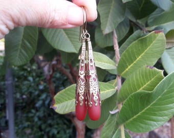 Long Red & Bronze Dangles | Antique Brass and Frosted Reclaimed Glass Victorian Era Earrings | Romantic Crimson Teardrops