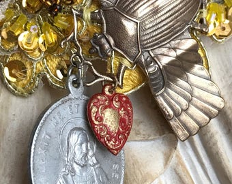 barcelona - necklace vintage assemblage boho bohemian catholic religious textile mixed media wearable art gemstones bib, the french circus