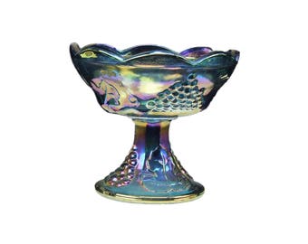 Love Vintage Peacock Blue Purple Iridescent Grape Pattern Carnival Glass Pedestal Compote Scalloped Lip Rim Iridized