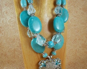 Cowgirl Necklace Set - Chunky Turquoise Howlite and Glass Nuggets - Crystal Texas Longhorn Concho Pendant