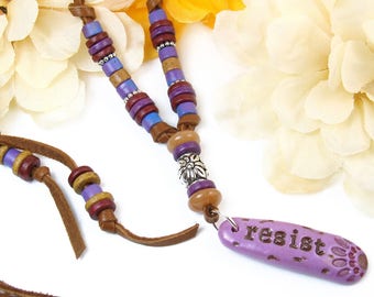 Leather Resist Necklace, Resistance Necklace, Resist Word Necklace, Purple Boho Necklace, Inspirational Word Necklace, Bohemian Jewelry