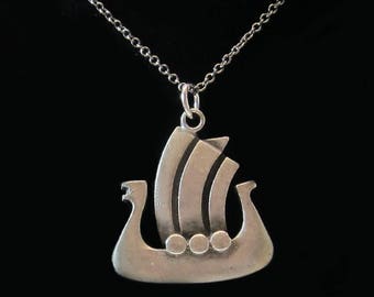 Rune Tennesmed Swedish Pewter Viking Ship Pendant Necklace