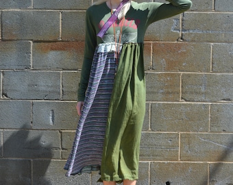 Salvage apparel long boho dress. Size SMALL. Long dress, eco friendly, upcycled, hippie, sustainable, urban renewal, deconstructed