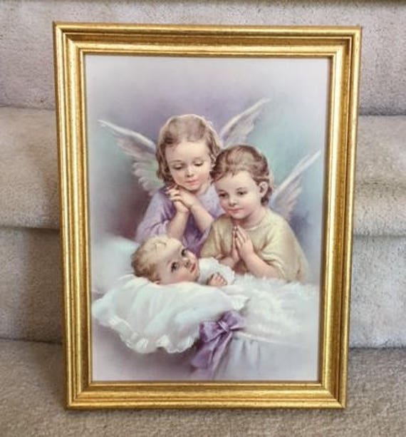 Guardian Angels Watching Over Baby Framed Print 50's