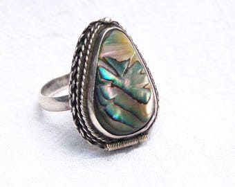 Mexican Poison Ring Vintage Abalone and Sterling Silver Vintage Adjustable Ring Secret Compartment Size 7 .75