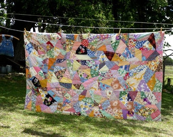 Vintage 60's Crazy Quilt Comforter Hand Pieced and Tied,Hand Made Bold Early 1960s Home Made Lap Quilt Comforter