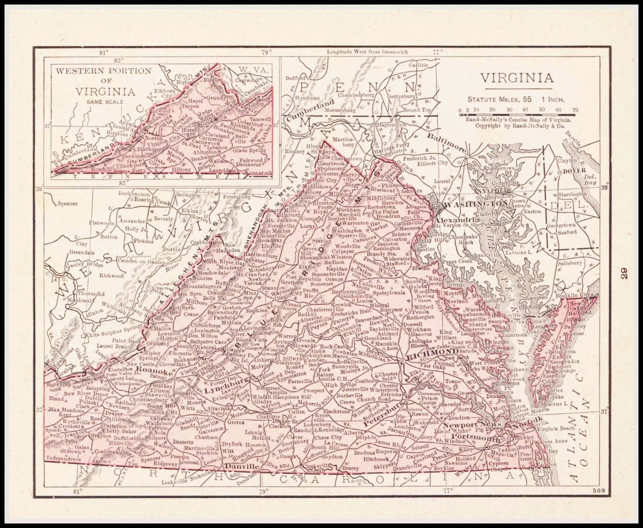 Small Virginia Map of Virginia State Map 1900s Wall Decor