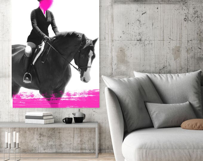 Female Rider 4, Extra Large Horse Wall Decor, Black Pink Contemporary Horse, Large Contemporary Canvas Art Print up to 72" by Irena Orlov