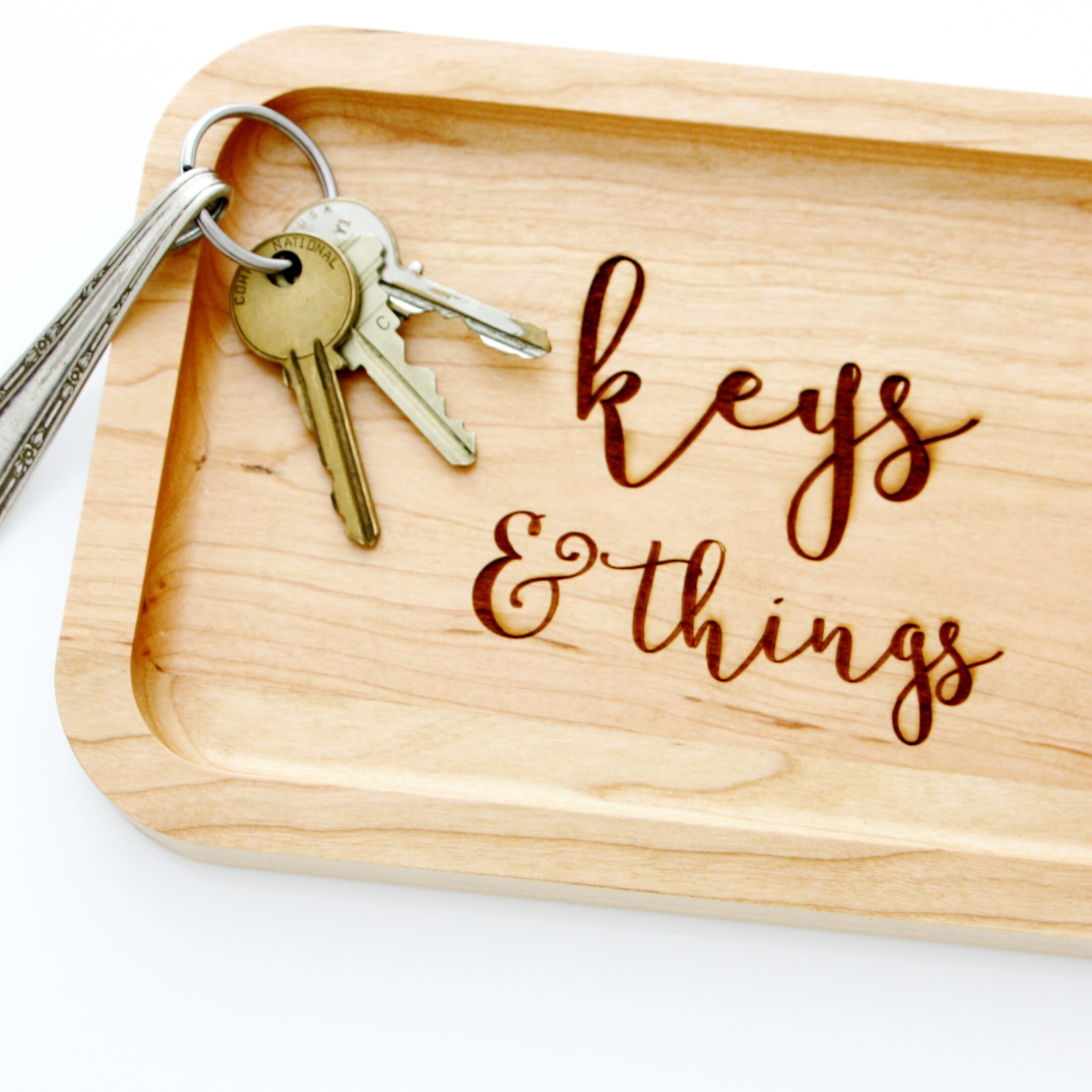 Keys & Things. Engraved wood key dish. Trinket Tray for front
