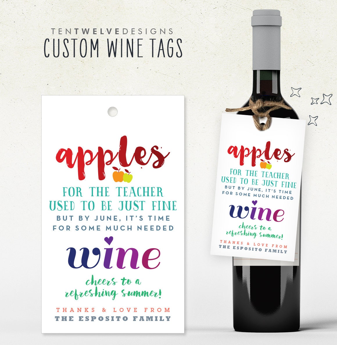 TEACHER End Of Year GIFT Wine Tag For Teacher Personalized Custom 