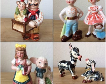 RESERVED FOR SILVIA: Four (4) Vintage Salt and Pepper Shakers, Individual Details Below. Donkeys, Kreiss Kids, Mary and Lamb, Organ Grinder